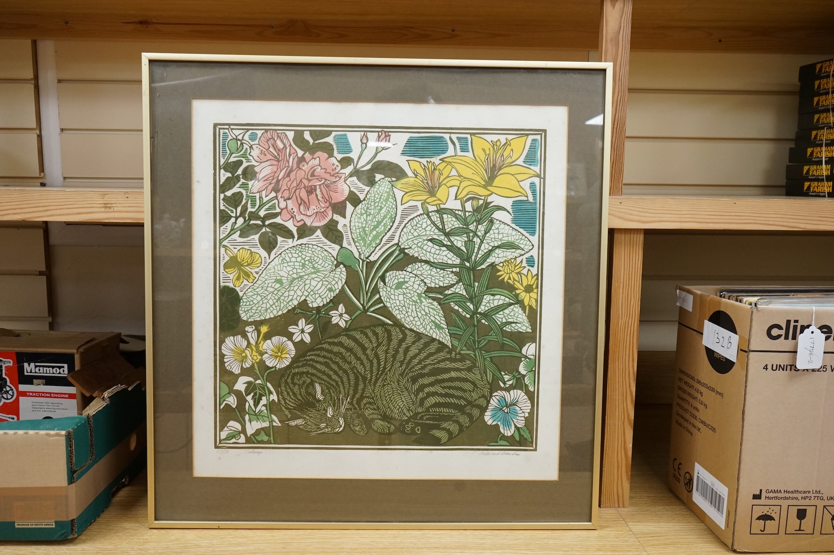 Richard Bawden (1936-2024), linocut, ‘Catnap’, signed in pencil and limited edition, 27/75, 52 x 51cm